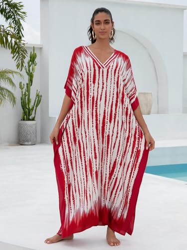 Image of KECVOT Kaftan Dresses for Women V-Neck Print Swimsuit Cover Up Plus Size Beach Caftan Lounge Dress