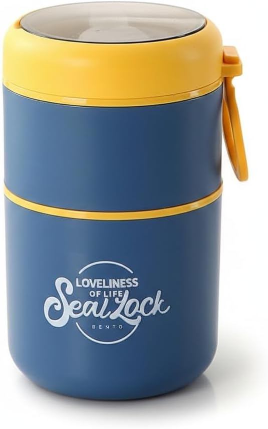 Insulated Stackable Bento Lunch Box, 780ml Double Layer 304 Stainless Steel Thermal Food Jar with Foldable Spoon for Hot & Cold Meals, Leakproof Container for Kids & Office – Blue/Yellow