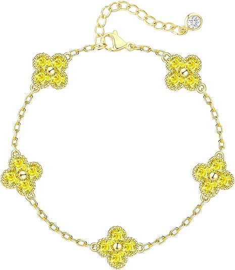 Pulseras de trébol de oro con piedra natal para mujer, a la moda, no se deslustran, chapadas en oro de 14 quilates, pulseras apilables para mujer, joyería impermeable, One Size, Acero inoxidable, Sin