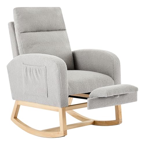 LALFPET Modern Nursery Rocking Chair - High Backrest, Padded Seat, Side Pocket - Reading Glider Rocker Accent Armchair for LivingRoom, Bedroom, Baby Room,Light Gary