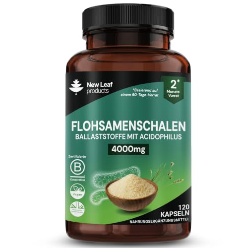 Flohsamenschalen Kapseln 4000 mg mit Acidophilus – 120 Kapseln New Leaf