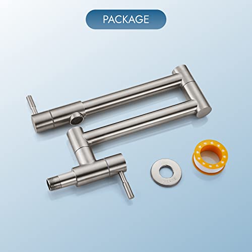 Cinwiny Pot Filler Brushed Nickel Wall Mounted Folding Stretchable Kitchen Restaurant Sink Faucet with Double Joint Swing Arm Single Hole Two Handles Commercial NPT Stainless Steel