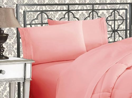Elegant Comfort Luxurious 1500 Premium Hotel Quality Microfiber Three Line Embroidered Softest 5-Piece Bed Sheet Set, Wrinkle and Fade Resistant, Split King, Dusty Rose