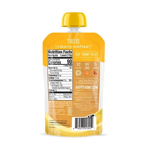 Happy Family Happy Baby Organic Clearly Crafted Stage 2 Baby Food Bananas, Sweet Potatoes & Papayas, 4 Pouch (Pack of 16), Banana Sweet Potato Yellow Papaya, 64 Oz - Thumbnail 7