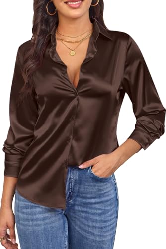 CBOO Womens Soft Satin Silk Button Down Shirt Long Sleeve Blouse Silky Smooth Subtle Shine Blouses Tops