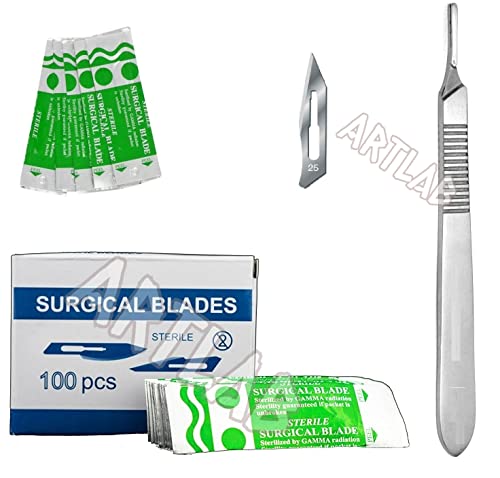 artlab-Pack of 100 Scalpel Blades #10,Scalpel Blades for Knife Scalpel, High Carbon Steel Dermablade Scalpel Blades. Individually Wrapped, Sterile +Free Handle (#25 PACK OF 100+HANDLE)