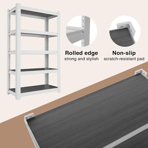 Image of WORKPRO House 5-Tier Shelving Unit, 3000lbs Adjustable Storage Shelves, Boltless Book Shelf, Shelf Organizer for Kitchen, Living Room, Bathroom, Wood Grain Pattern, Waterproof Board, 24-1 /10 inchW, White