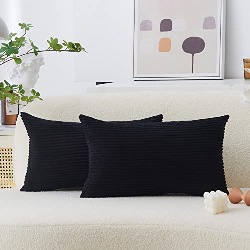 Home Brilliant Rectangle Throw Pillow Super Soft Striped Corduroy Solid Cushion Covers Oblong Throw Pillowcases For Lumbar, 12 X 20 Inch, Black #TOP25