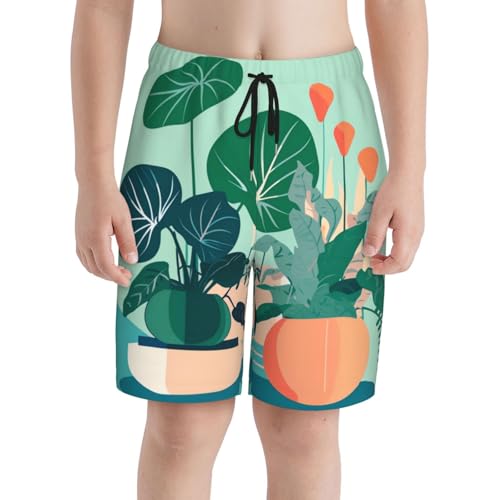 Indoor Cartoon Potted Green Plants X-Large Youth Beach Pants, Soft and Breathable, with Drawstring Waist, Suitable for Sports and Leisure.3
