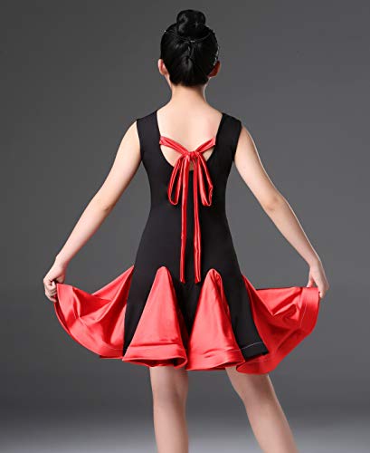 Happy Cherry Kids Girl Ballroom Dancewear Irregular Ruffle Hem Latin Salsa Dance Dresses Sleeveless Rumba Swing Dress Red 8-9Y