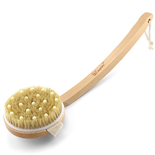 1Easylife Wooden Bath Body Brush with Detachable Head, Natural Bristles + Massage Nodules to Deep Clean Your Skin and Curved Long-handle to Reach Your Back Easily (Curved)
