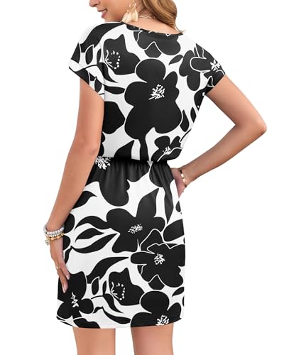 Image of AUSELILY Womens Summer Mini Dress, Short Sleeve V Neck Drawstring Casual | Soft smooth drape with an adjustable drawstring waist for beach, casual outings and daily wear