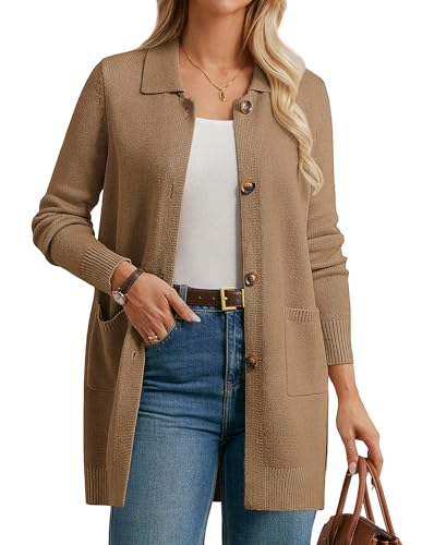 GRACE KARIN, Cardigan long à manches longues avec col à revers et boutons, avec poches, pour femme, M