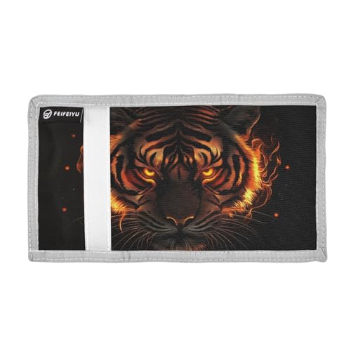 Tiger Flame Orange Kids Wallet for Boys Girls Trifold Outdoor Sport Wallets for Youth Teen Child Wallet with Zippered Coin Pockets Card Holders Front Pocket Wallets with Magic Sticker