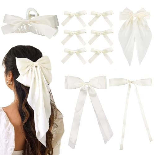 10PCS Silk Satin Hair Bows Clips - Long White Ribbon Barrettes for Women Girls Teens,Cute Aesthetic Hair Accessories Variety Pack,Large No-Slip Grip Bowknot Hair Clips for Gift