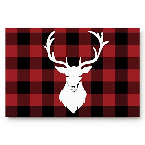 Meet 1998 Happy Christmas Winter Elf Deer Doormat Non Slip Holiday Rugs, Red Black Buffalo Check Plaid Door Mats, Xmas Decorative Welcome Floor Mats For Indoor Outdoor 18X30 Inch #TOP2