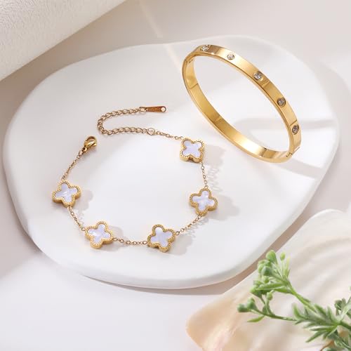 18K Gold Plated Clover Bracelet Gold Love bangle Set for Women Stackable Cute Fashion Simple Friendship Bracelet Lucky Bracelets Jewelry Gifts Trendy for Women4