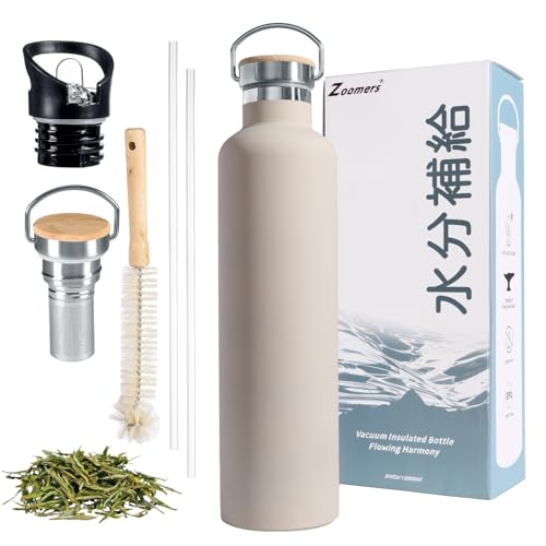 Zoomers Botella Termica 1 Litro.Botella Agua Acero Inoxidable 1 Litro sin BPA con 2 Tapas+ Infusor Té +Cepillo.Termo Agua Fria/Caliente. Cantimplora Termica con Pajita