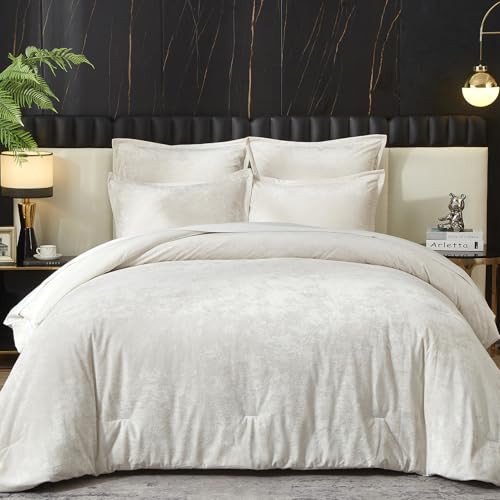 Ivellow Queen Velvet Comforter Set 5pcs Ivory Ultra Soft