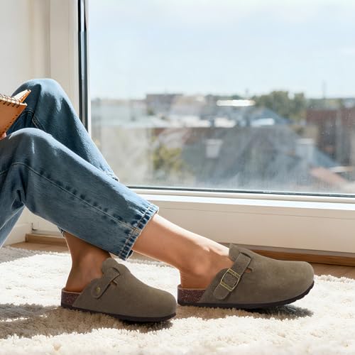 Image of KIDMI Genuine Suede Clogs for Women Men Cork Footbed Sandals Leather Mules Potato Shoes with Arch Support