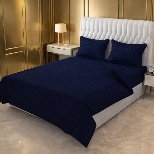 Image of Prozone Premium Satin Stripe Double Bedsheet with 2 Pillow Covers | Soft & Luxury Hotel Style Bedding for Double Bed (Blue)