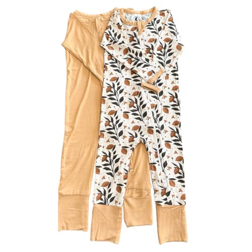 Dreamy Meadow - Pack of 2 - Soft Baby Sleepers - (3-6 Months) 2-Way Zipper, Foldable Footies - Baby's Sleepwear Collection | 94% Viscose and 6% Spandex | Footie Pajamas (Print & Beige)