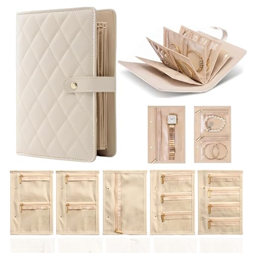 Travel Jewelry Notebook - Portable Leather Jewelry Book Case for Women 5/7 Velvet Detachable Storage Pouch Organizer for Earrings Rings Necklaces Tangle-Free Travel Essentials (White 7 Pages)