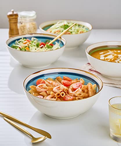 Serving Bowls, 63 Ounces Salad Bowls,Chralji 9" Pasta Bowls For Kitchen, Ramen,Soup Bowls,Mixing Bowls Hand Paint Sets Of 2 Blue #TOP1