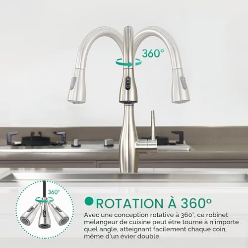 CREA Robinet Cuisine à Capteur Tactile, Robinet Cuisine Mitigeur avec Douchette Extensible, Mitigeur Cuisine avec 3 Modes de Jet, Robinet Évier Cuisine Rotatif à 360°,Brusé – vue 5