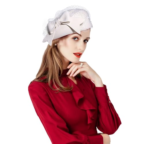 Women's French Beret Hat with Veil Wool Felt Cloche Cap (White)