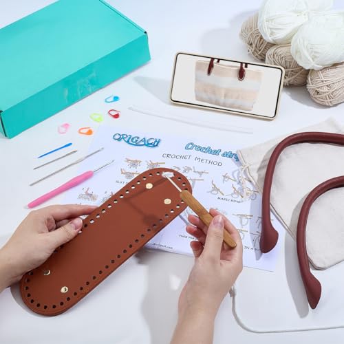 Image of ORIGACH DIY Crochet Handbag Kit for Beginners, Beige Striped Crochet Bag with PU Leather Band and Base, Include Yarn, Crochet Hooks, Markers and Instruction