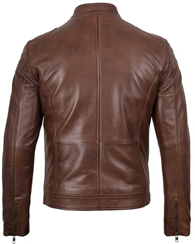 Image of fjackets Mens Leather Jacket - Real Lambskin Cafe Racer Moto Biker Stand Collar Jacket
