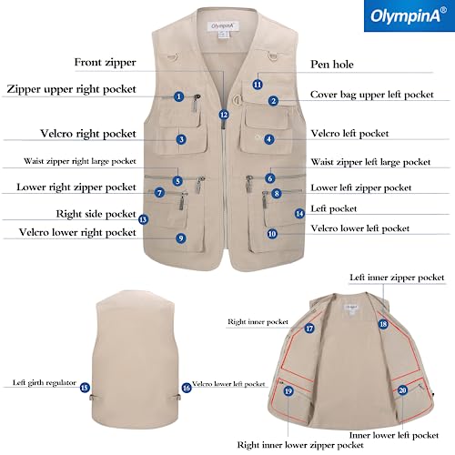 Olympina Colete masculino de pesca ao ar livre, com vários bolsos, retrô, durável, trabalho, viagem,