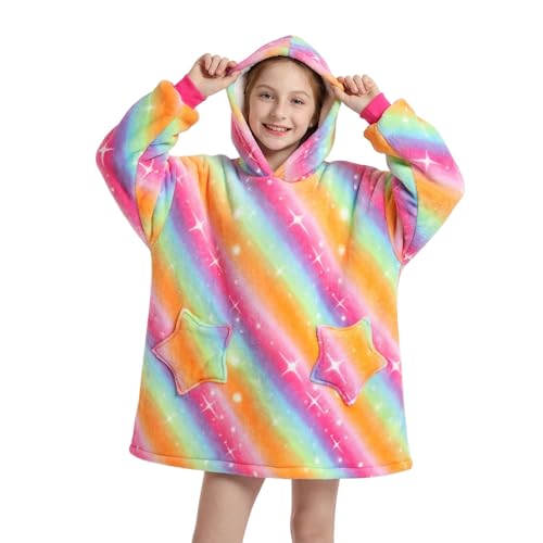 Supcomsta Kids Blanket Hoodie, Oversized Wearable Sherpa Hooded Blanket with Star Pockets for Girls Kids Teens 6-13 Years (Colorful)