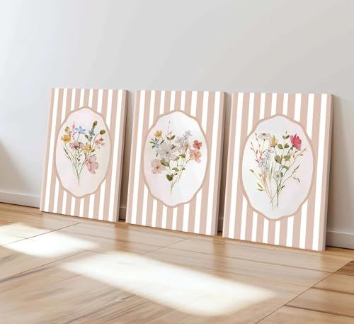 Tableaux muraux à rayures roses déco fleur rose clair style champêtre