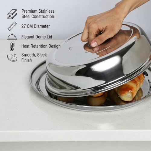 Image of KMW Stainless Steel Plate Cover with Dome Lid, 27 cm, Silver - Durable and Elegant Plate Protector for Food Storage, Keeps Dishes Warm, Ideal for Home & Restaurant Use