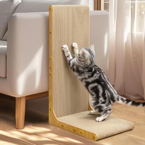 Conlun Rascador para Gatos, 66 cm Forma en L Montable en Pared, Panel de Rascado Vertical, Cartón Duradero para Proteger Muebles de Gatos de Interior, Jumbo,Madera Clara
