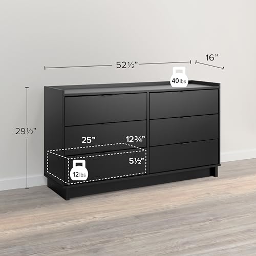 Image of Prepac Simply Modern 6-Drawer Double Dresser for Bedroom, Chest of Drawers, Modern Bedroom Furniture, 52.5 inch wide x 16 inch deep x 29.5 inch tall, Black
