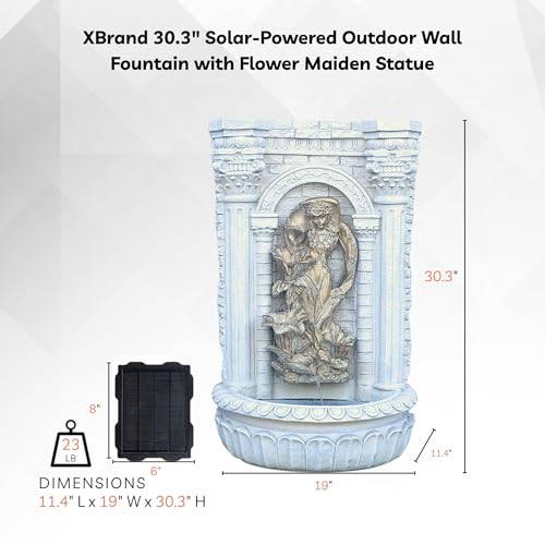 Image of XBrand 30.3 inch Solar Outdoor Wall Water Fountain with Gold Flower Maiden Statue, Cascading Antique Stone Design, Garden & Patio Waterfall Feature, Polyresin Construction, Cream White