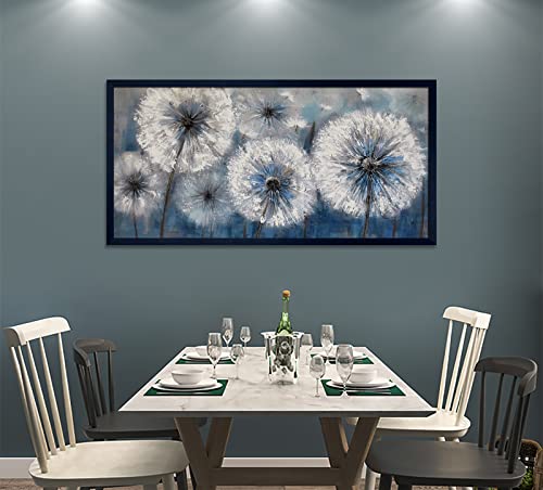 Image of Dandelion Wall Art Blue Large Picture for Living Room Canvas Art Wall Decor Above Bed White Flower Artwork for Walls Paintings Modern Art Aall Decor Framed Wall Art for Bedroom 29x58IN