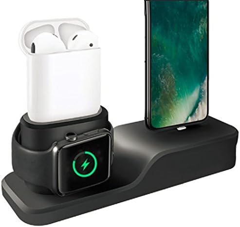 Apple Watch Stand,3 in 1 Silicone Airpods Charging Stand/Charging Dock Holder/Apple Watch Charging Station Compatible with Apple Airpods/All Series Watch/iPhone X/8/8 Plus/7/7 Plus/6s Plus - Black
