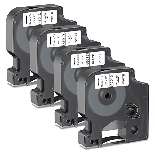 Kompatibel mit Etikettenband Ersatz für DYMO D1 Etikettenband 12 mm x 7 m 45013 1/2 Ersatz für DYMO LabelManager 160 210D 260P 280 360D 420P 450D Etikettendrucker Schwarz auf Weiß,4er Pack (4)