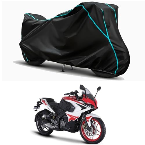 Image of Waterproof Bike Body Cover Compatible for | Bajaj Pulsar RS200 ABS | Taffeta Fabric, Sky Piping Design, Bottom Elastic Fit | Dustproof, Sun UV & Rain Protection for All Weather.