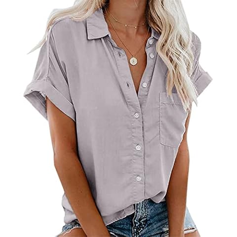 RITOSTA Womens Blouse Shirts Summer Blouse Ladies Casual Blouses V Neck Short Sleeve Loose Summer Basic Shirt Tunic Tops Buttoned Shirt with Pockets(Grays,S Cover