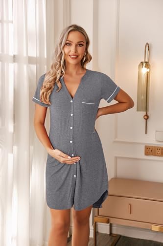 Image of Ekouaer Nightgowns for Women Button Down Night Gowns Short Sleeve Sleep Shirt V Neck Nightshirt Soft Sleepwear Pajams Dress