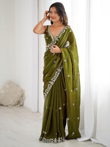 Image of Satrani Women's Tissue Silk Scalloped Border Sequins Embroidery Saree with Unstitched Blouse Piece