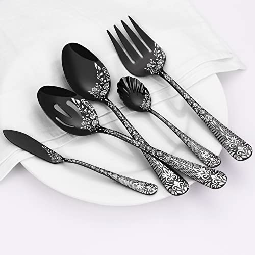 Euirio 89-Piece Black Silverware Set With Serving Utensils, Black Flatware Set For 14, Stainless Steel Mirror Cutlery Set, Spoons Forks Knives With Unique Floral Laser, Tableware Set, Dishwasher Safe #TOP1