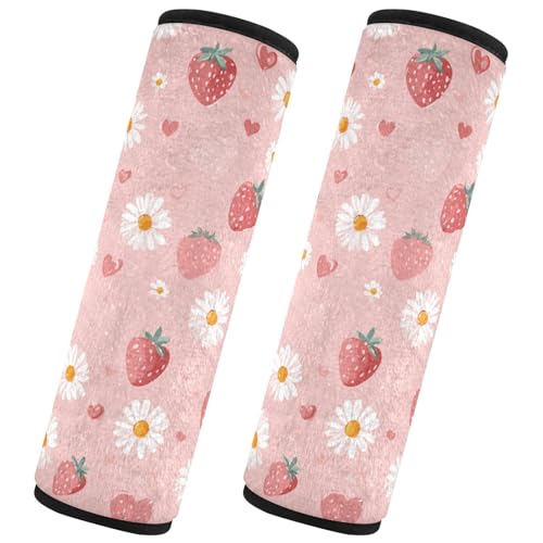Image of 2 Pack Seatbelt Covers Seat Belt Cover Pad for Adults Boys Girls Car Seat Strap Covers Pads Cushion Universal Shoulder Strap Pad Protector for Backpack Camera Bag 10x7.7Inch Pink Floral Strawberry Hea