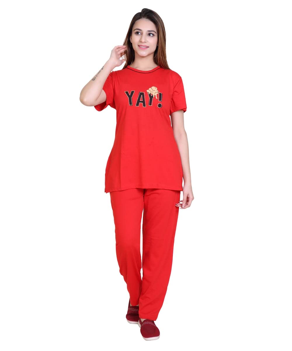 Women's Cotton Printed Night Suit Set of Top & Pyjama (Red)-image-34