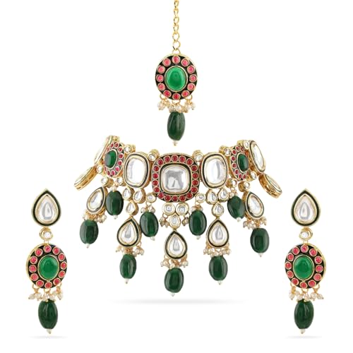 Image of Rubans Necklace Maangtikka Set Gold Plated Kundan & Pearl Jewellery Gift for Women & Girls